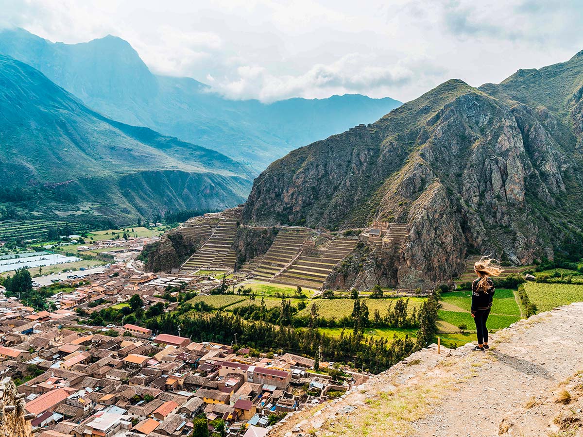 Looking down on village on Lares Trek to Machu Picchu near Cusco Peru