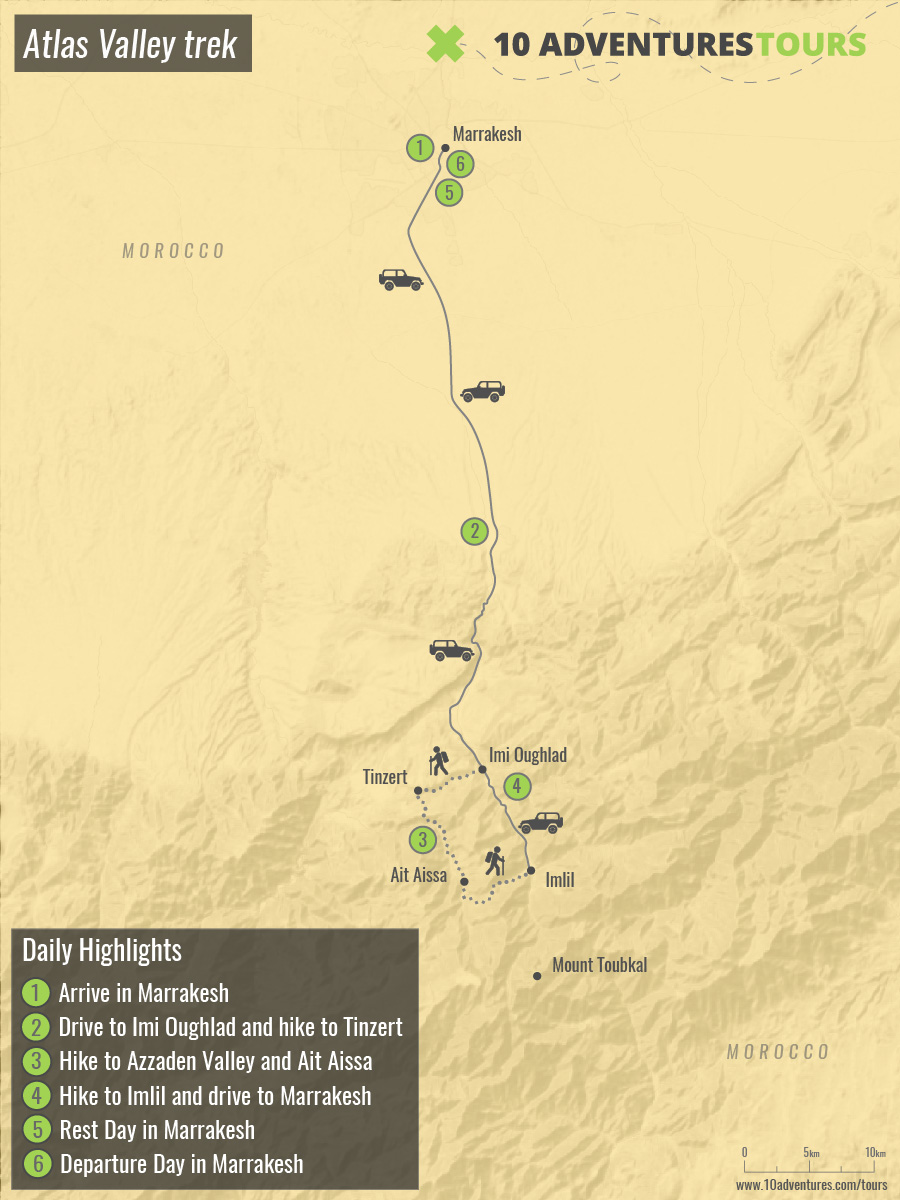 Map of guided Atlas Valley Trek in Morocco