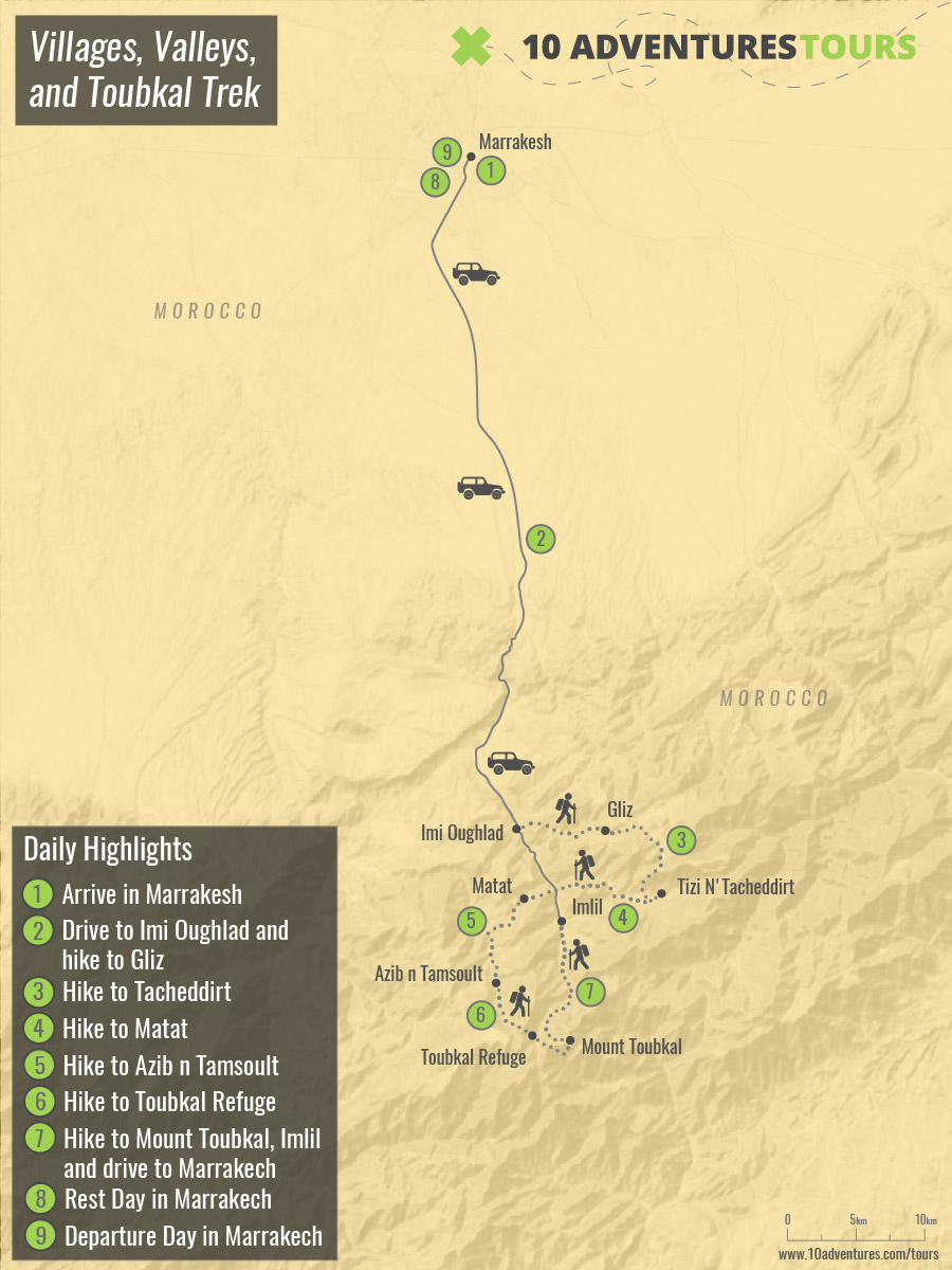 Map of Villages, Valleys, and Toubkal Trek in Atlas Mountains, Morocco