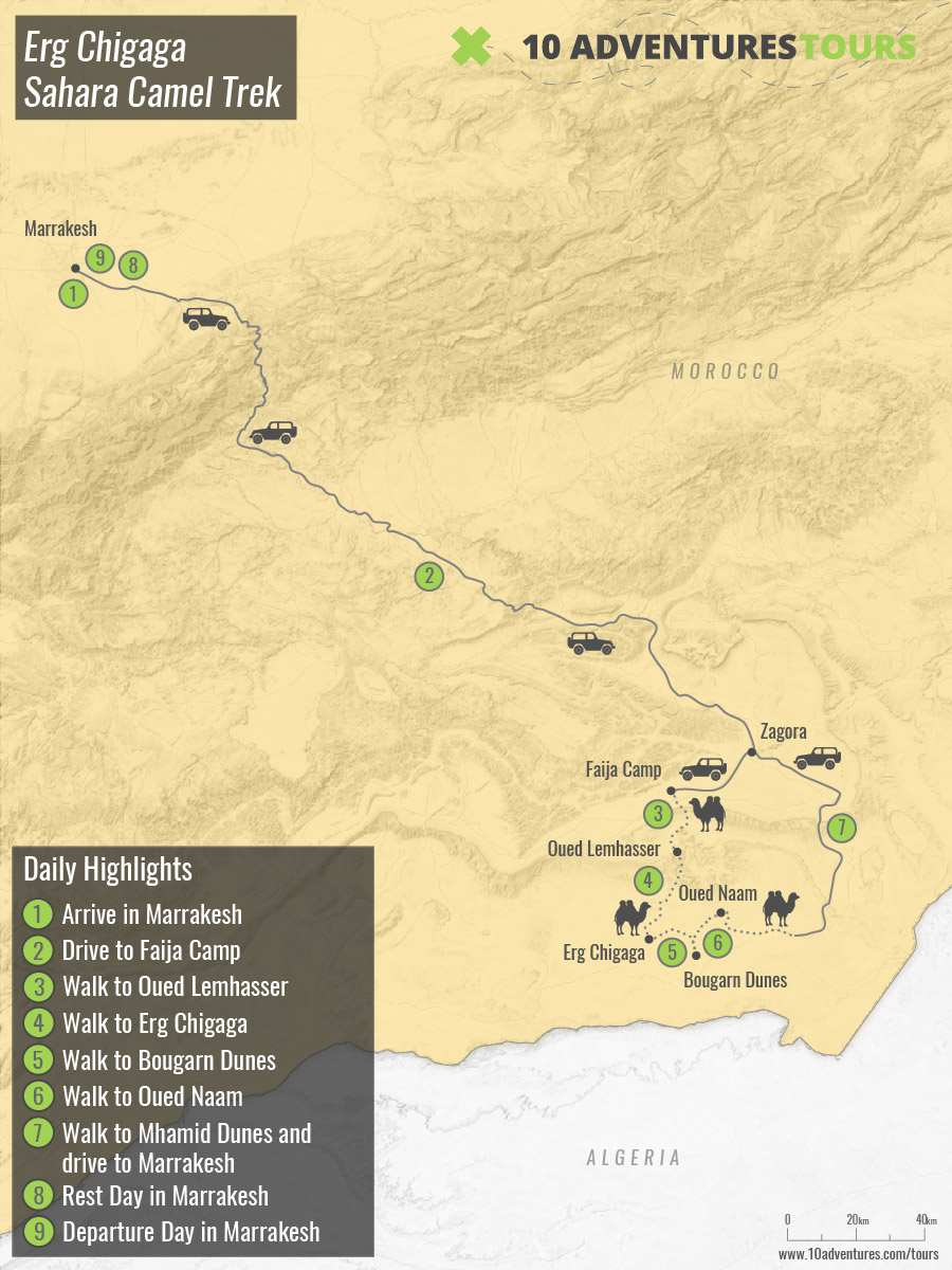Map of Erg Chigaga Sahara Camel Trek in Morocco with a guide