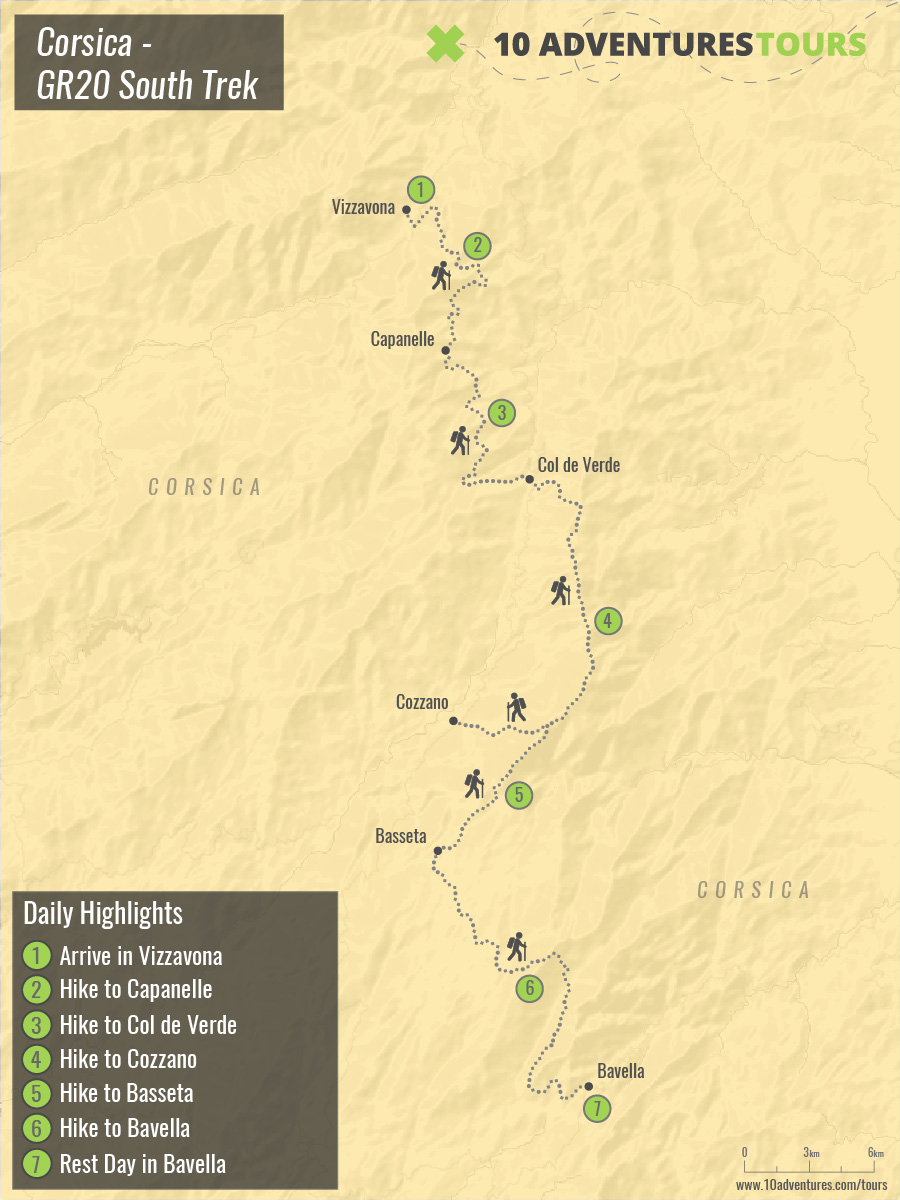 Map of GR20 South Trek in Corsica without a guide