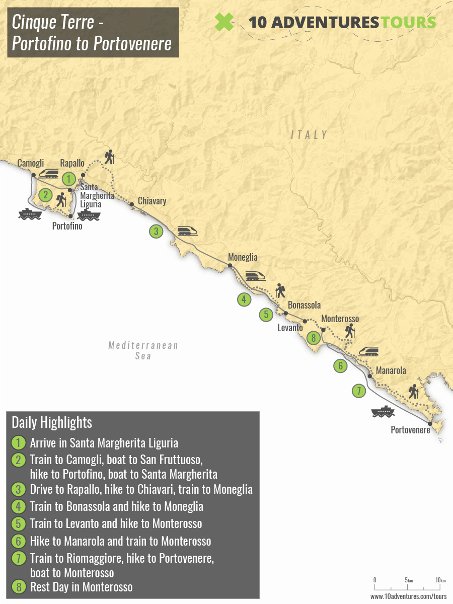 Map of self-guided Cinque Terre Portofino to Porto Venere Trek in Italy