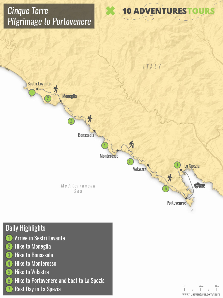 Map of self-guided Cinque Terre Pilgrimage to Portovenere trek in Italy