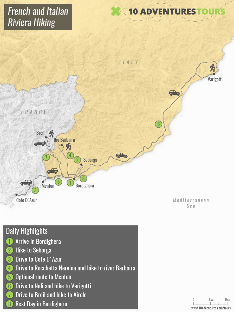 Map of self-guided French and Italian Riviera Hiking tour