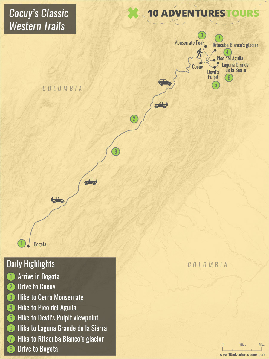 Map of guided trekking tour in Cocuy's National Park on the western trails