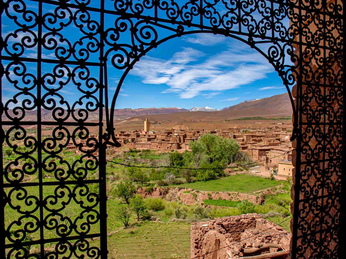 Views through Kasbah window on Mt Toubkal and Desert tour