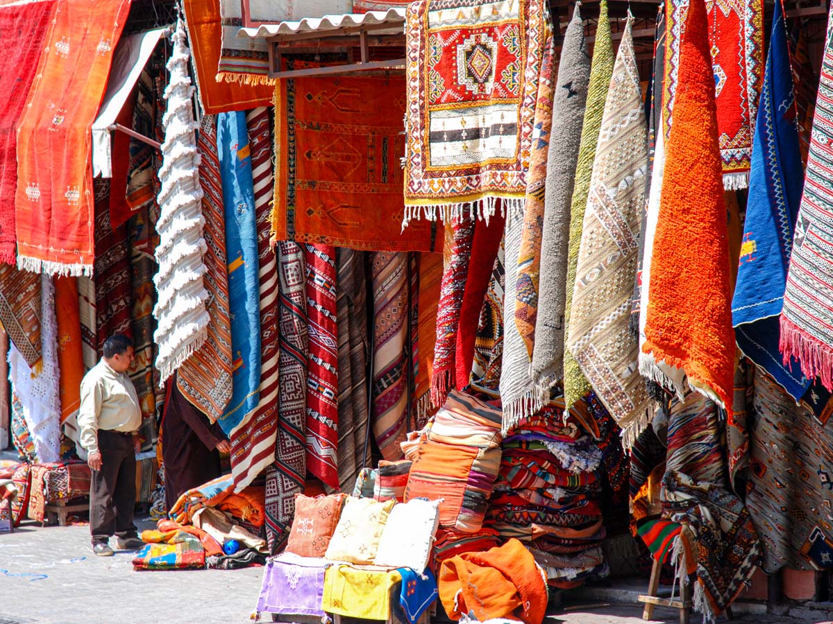 Colourful market in Marrakech on Mt Toubkal Trek in Atlas Mountains Morocco