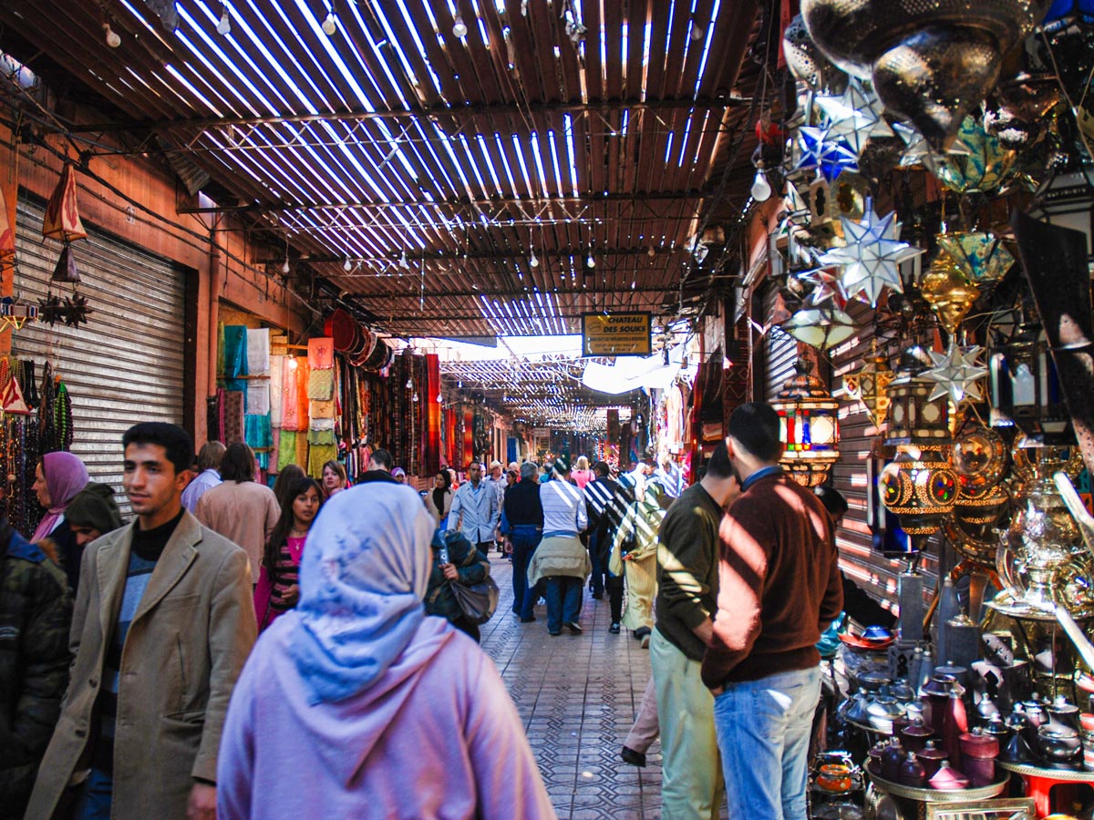 Busy streets of Marrakech on Mt Toubkal Trek in Atlas Mountains Morocco