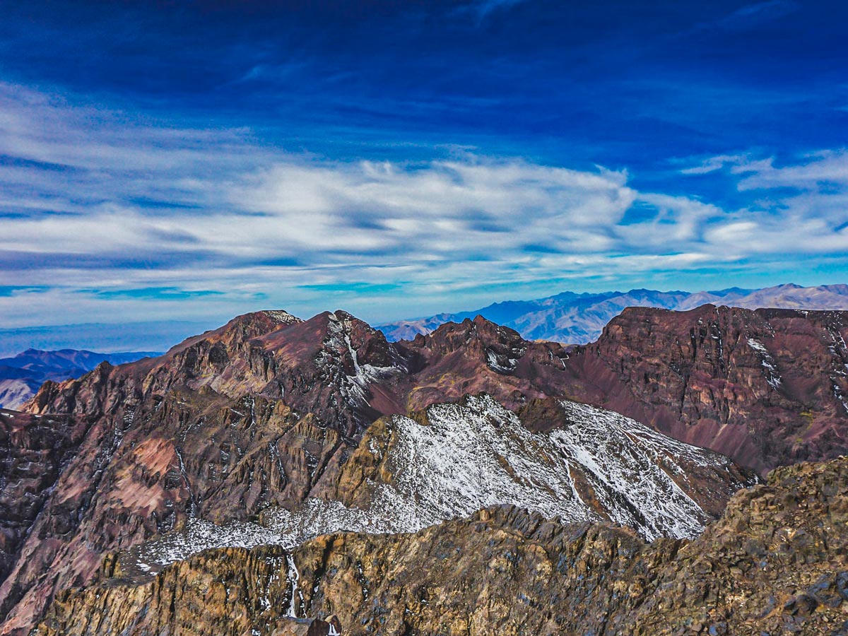 Mt Toubkal as seen from another peak on Mt Toubkal Trek in Atlas Mountains Morocco