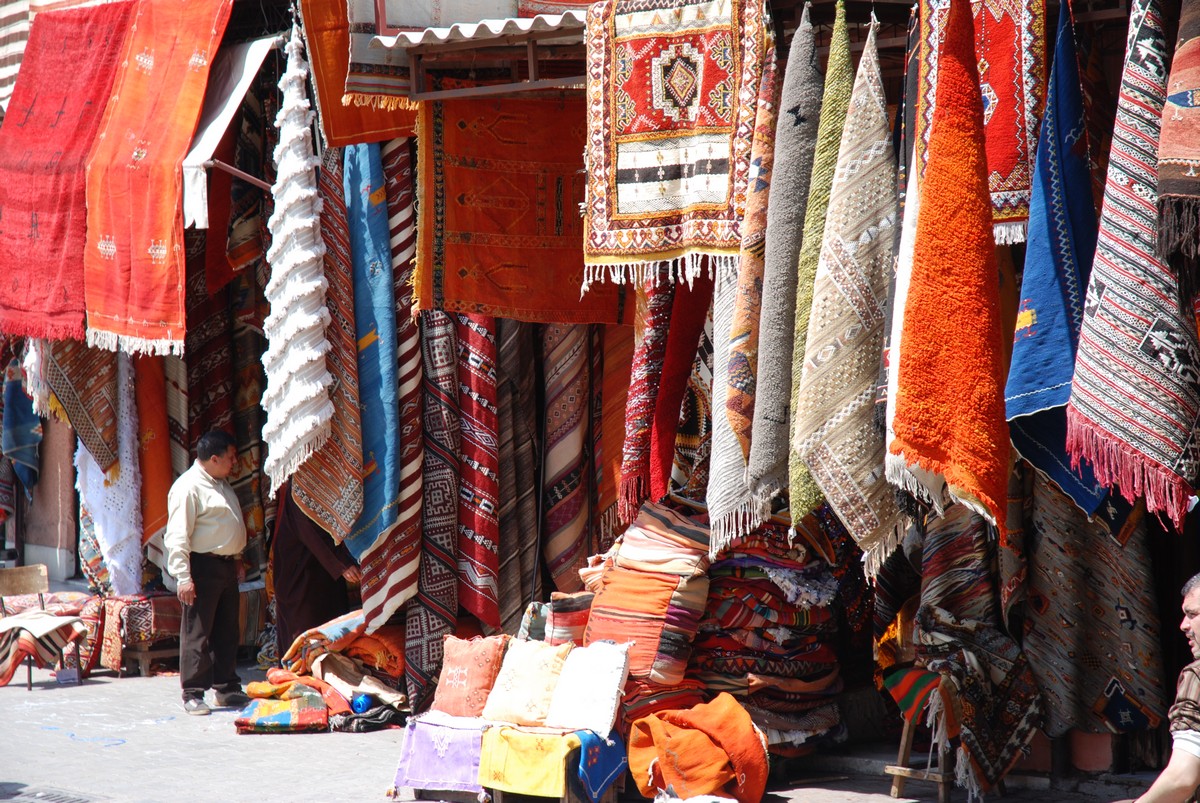 Colorful market in Marrakech on guided trekking tour to Atlas Valley