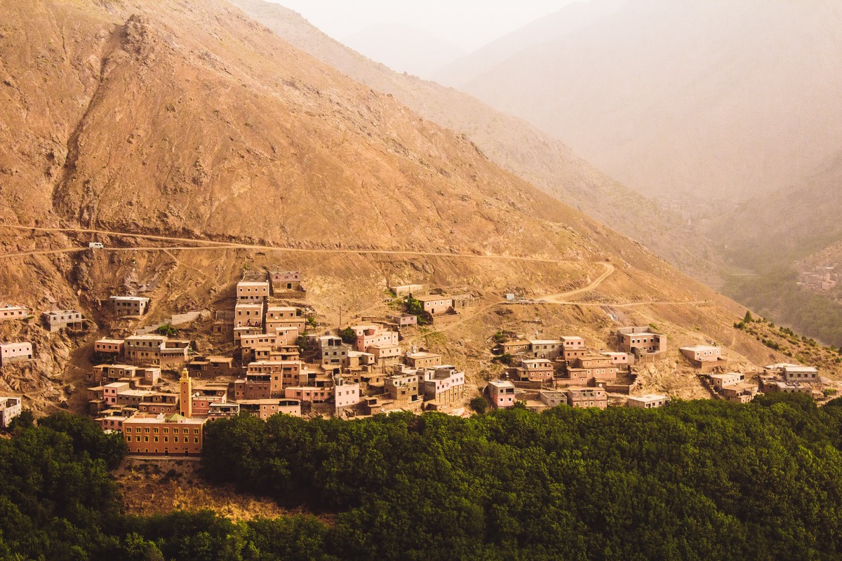 Amazing valley views of Imlil village on Atlas Mountains on guided trekking tour to Atlas Valley from Marrakech Morocco