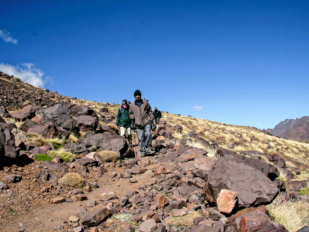 Hikers happy after traversing on Mt Toubkal Circuit Trek in Morocco