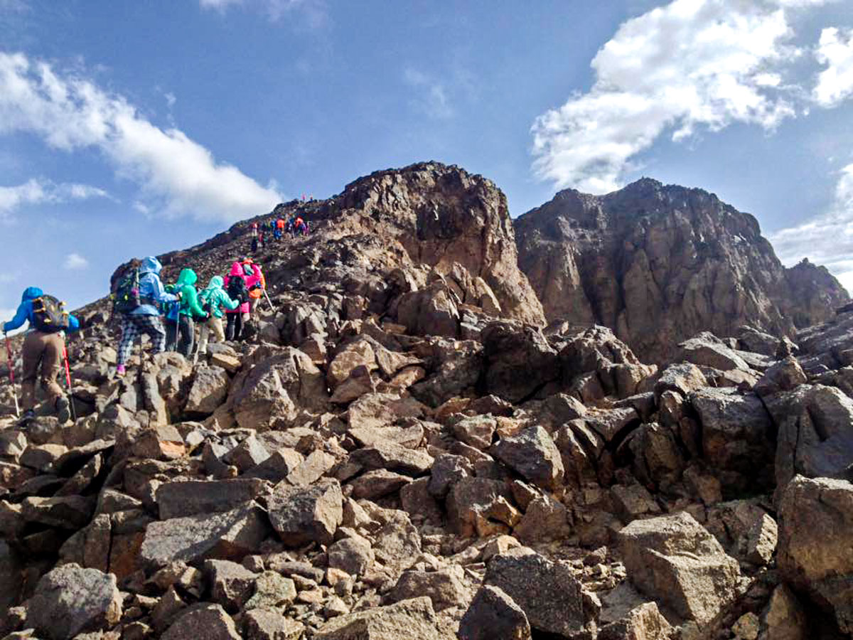 Ascending to the peak on Mt Toubkal Circuit Trek in Morocco