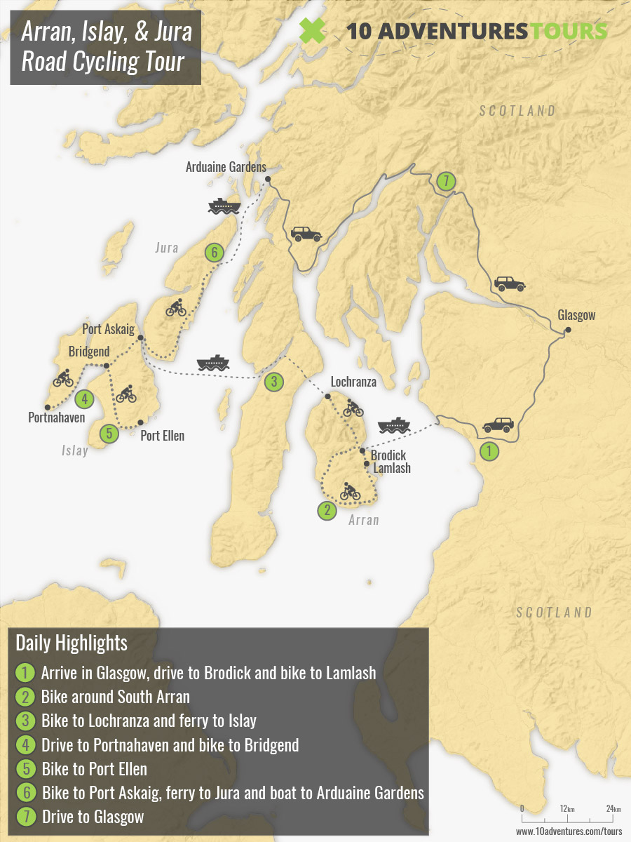 Map of Arran, Islay, & Jura Road Cycling Tour in Ireland with a guided group