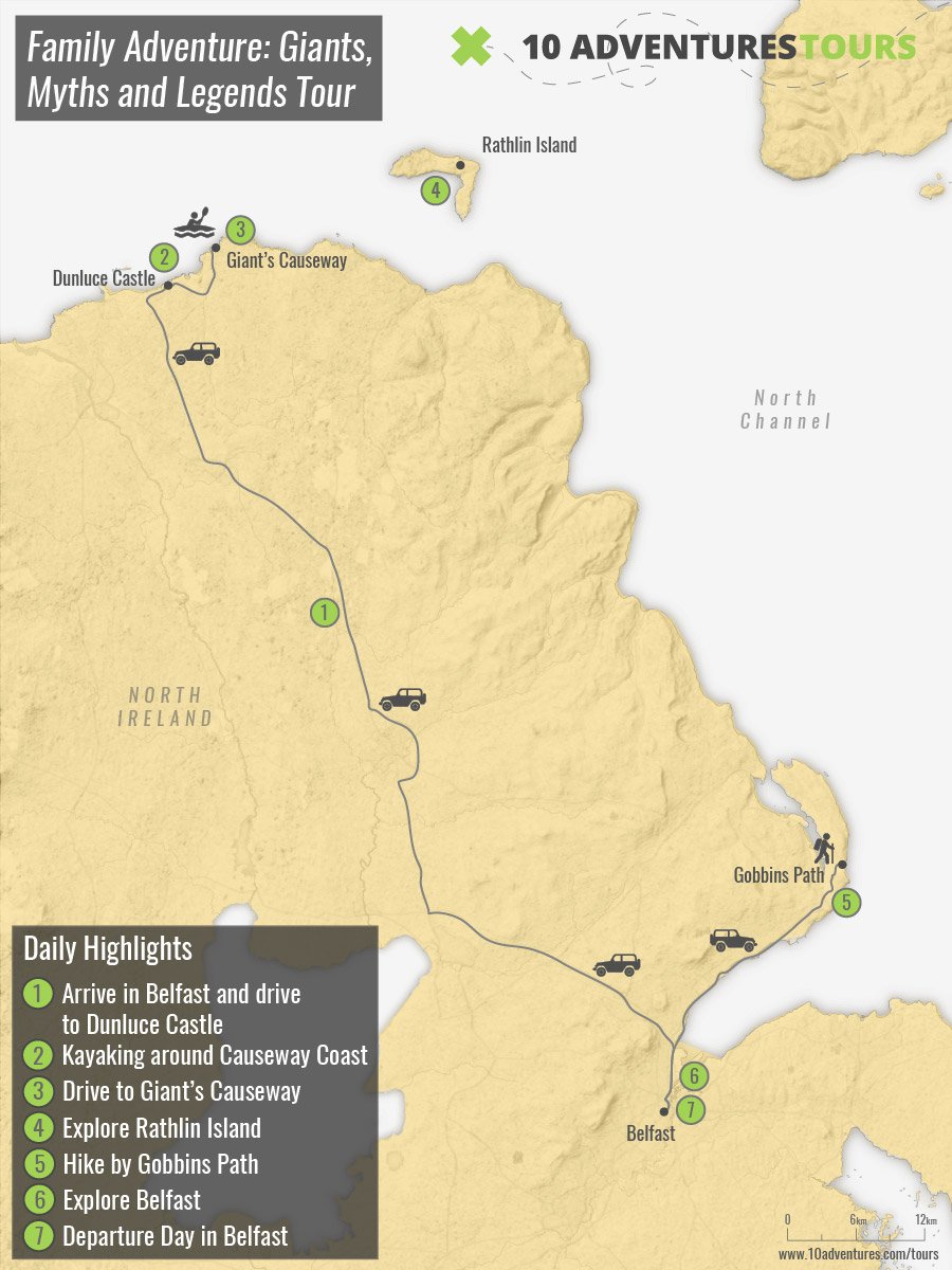 Map of the Family Adventure: Giants, Myths and Legends Tour with a guide in Northern Ireland