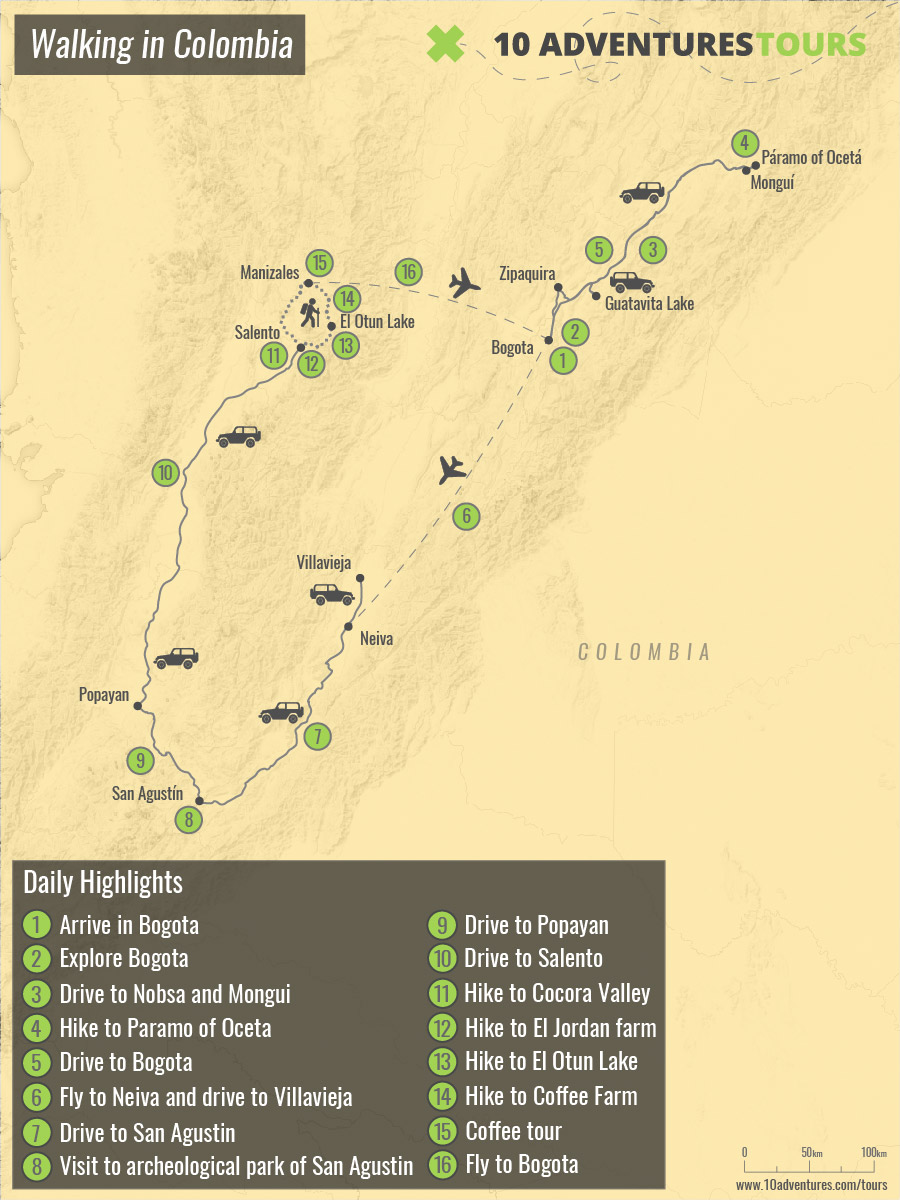 Map of Walking in Colombia guided tour including the best treks