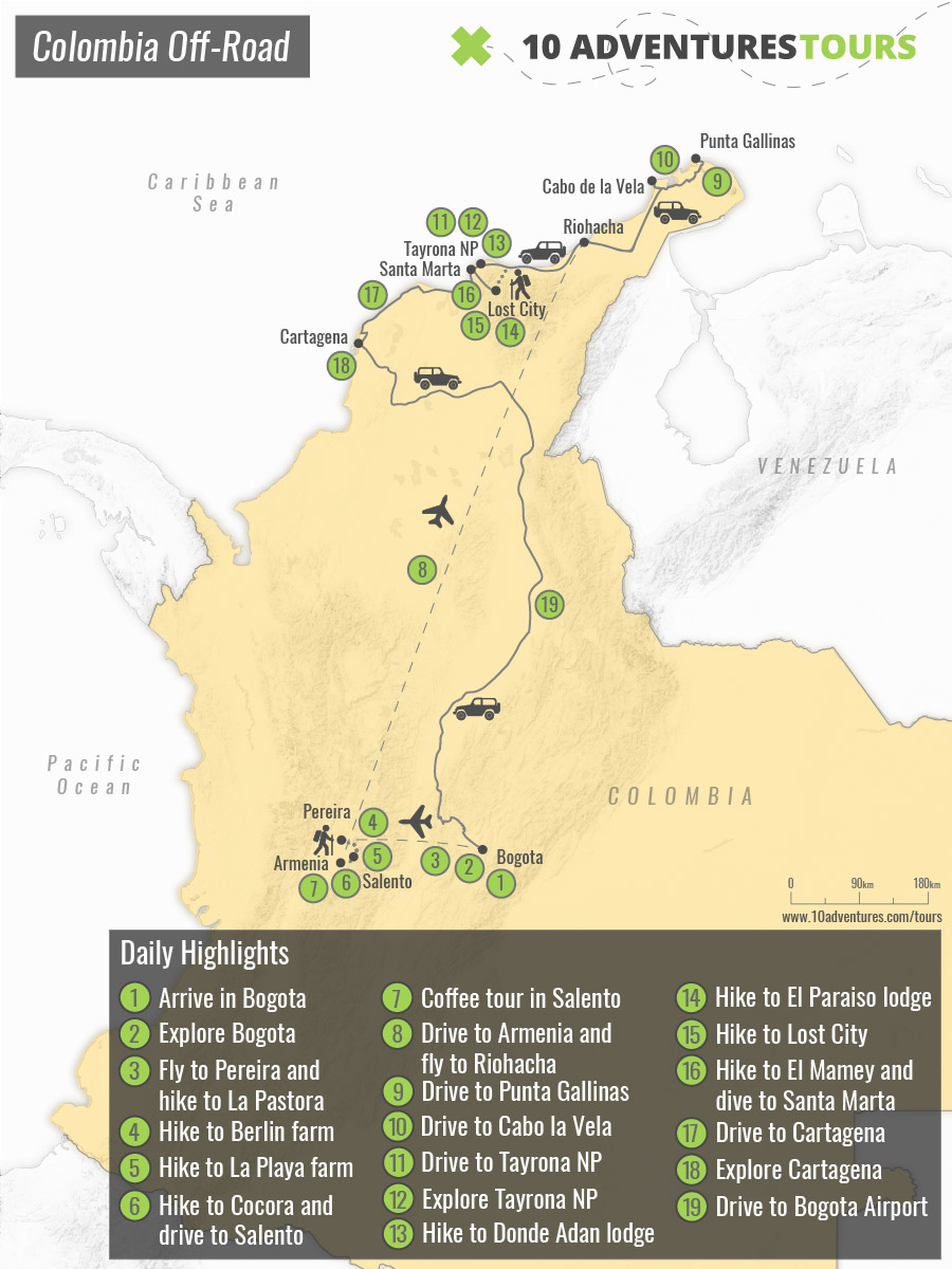 Map of guided Colombia Off-Road Tour through the best national parks in Colombia