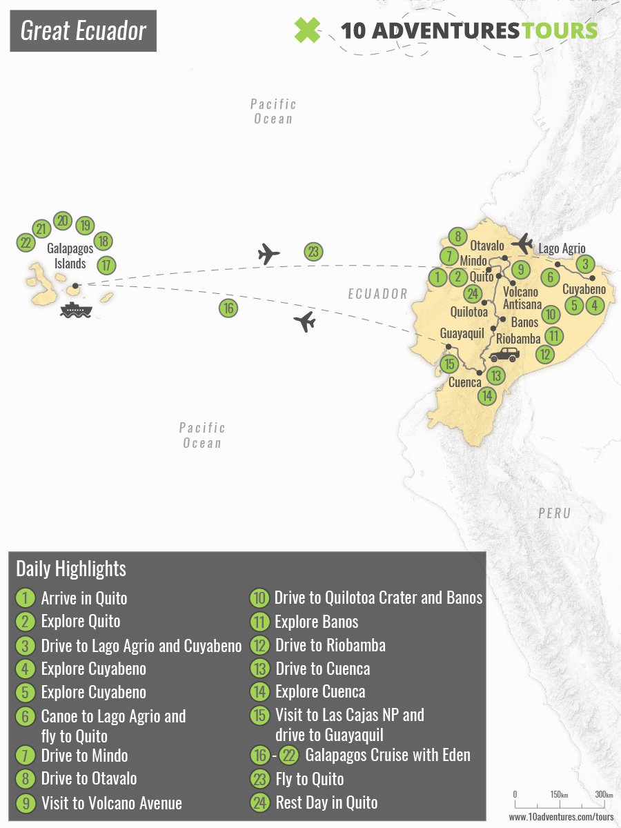 Map of Great Ecuador guided tour in the must-visit locations in Ecuador, Galapagos included