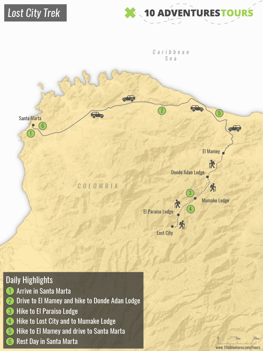 Map of Los Nevados trek from South to North in Colombia with guide