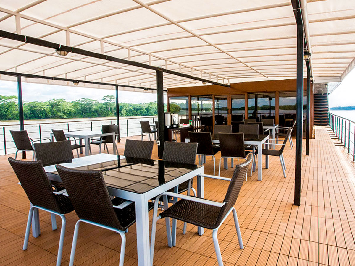 Beautiful top deck of the cruise ship on Anakonda River Cruise Tour in Ecuador