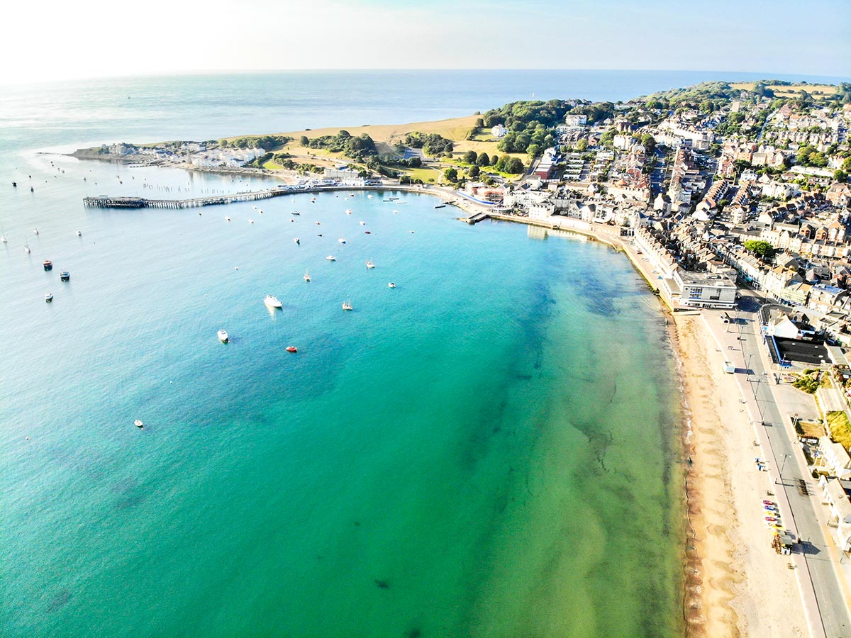 Aerial view of Swanage Town that you get to visit on South West Coast Path walking tour