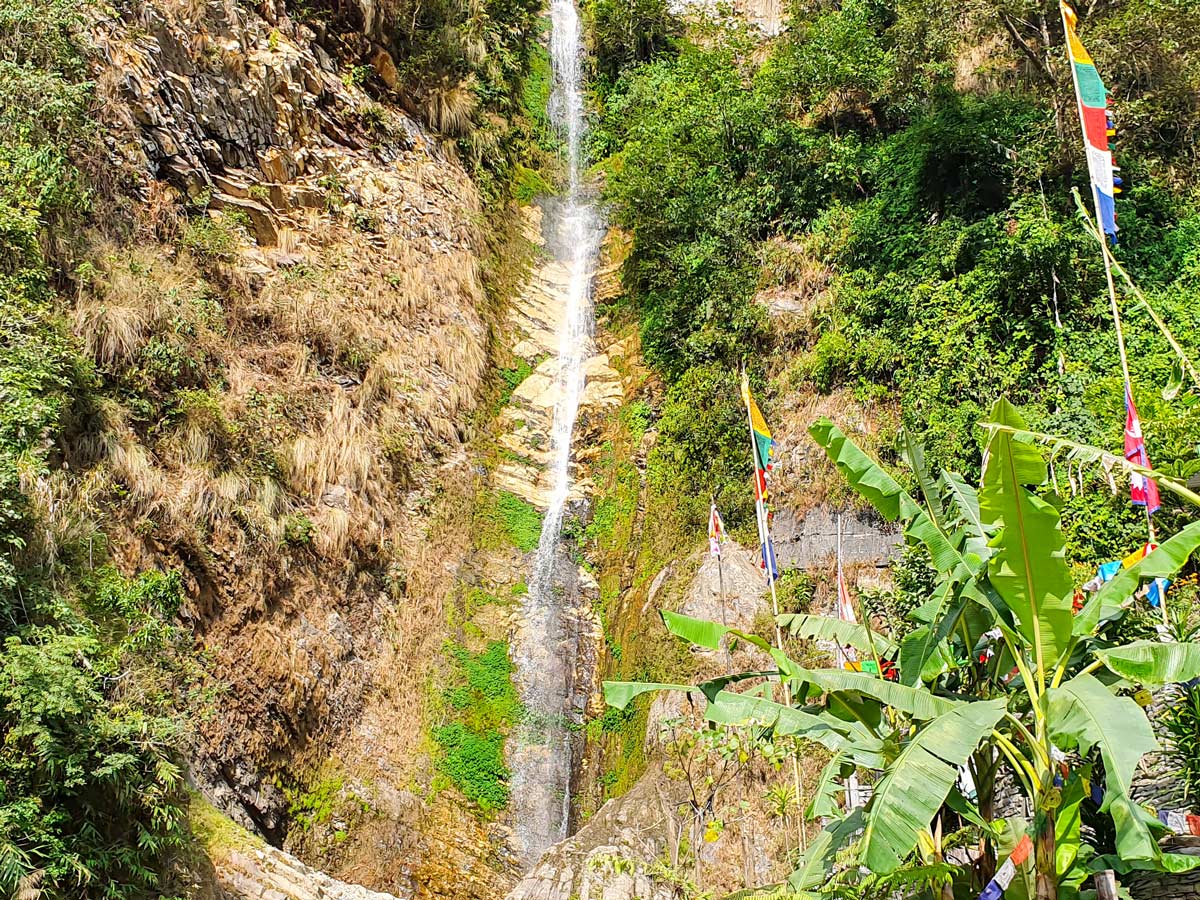 Very tall waterfall on Ghorepani and Poon Hill trek in Nepal