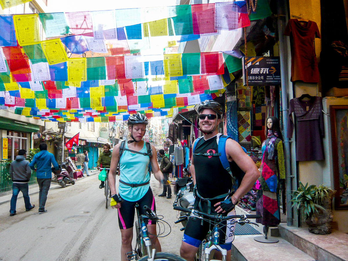 Two cyclists in Kathmandu on Biking around Kathmandu Tour in Nepal