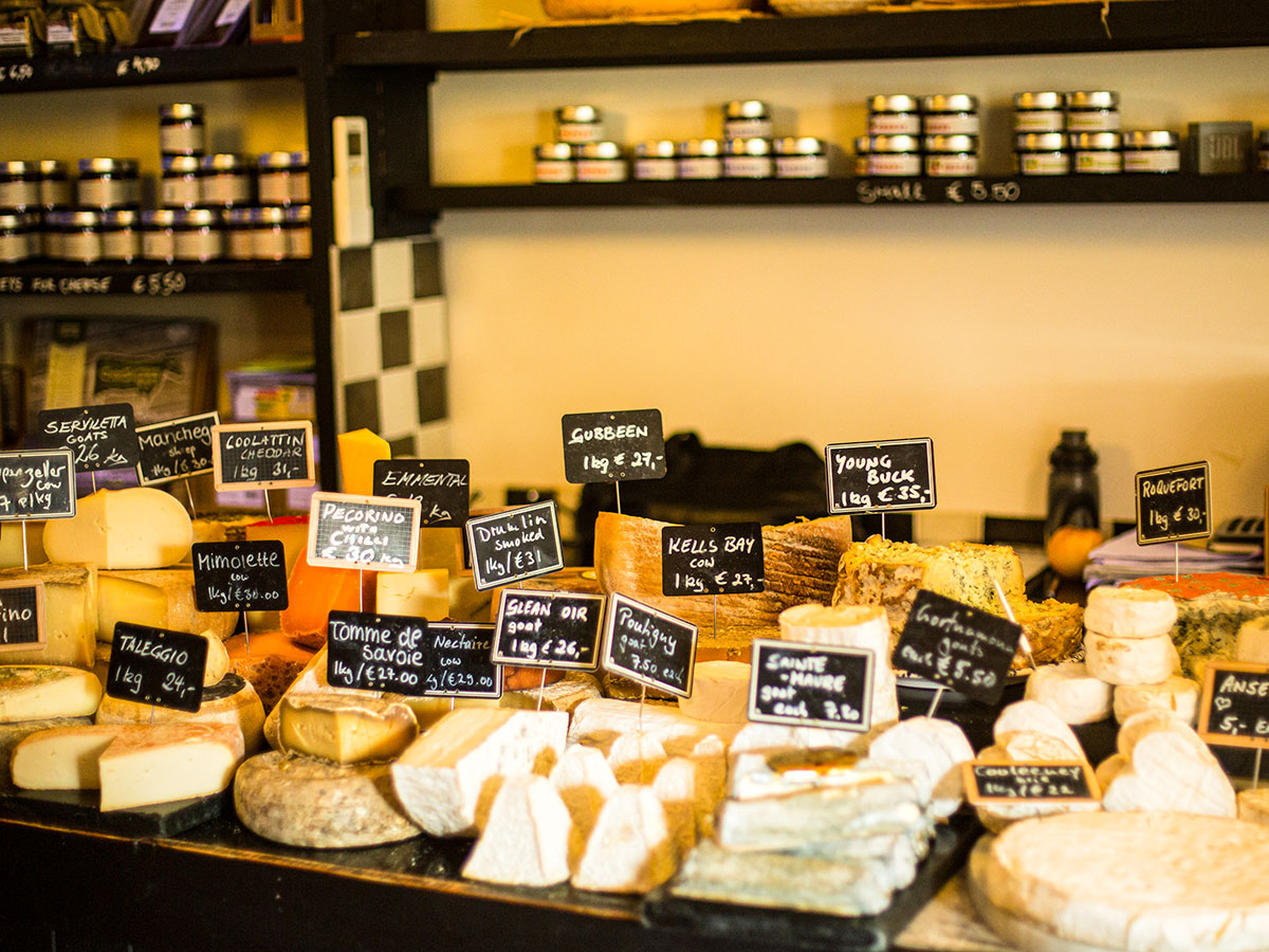 Beautiful selection of cheese seen in Cheese shop on Deluxe Hiking Kerry Mountains tour