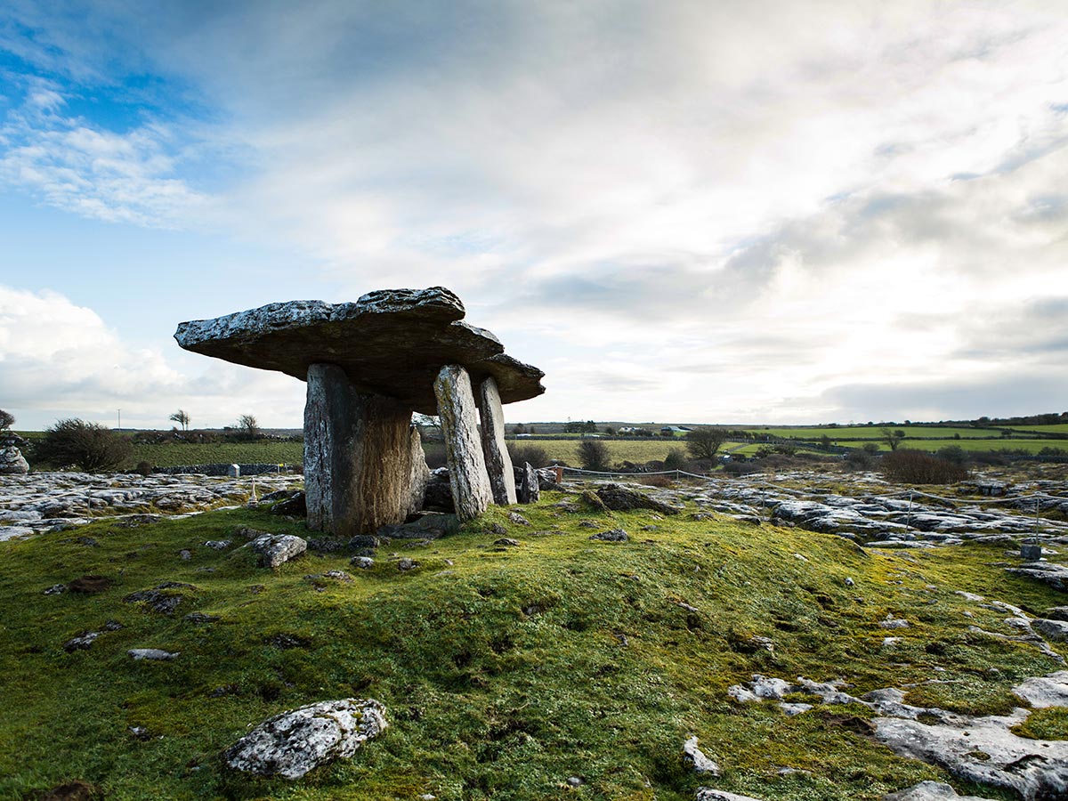 Hiking Island Hopping Tour include visiting the Burren Poulebrone tomb in Western Ireland
