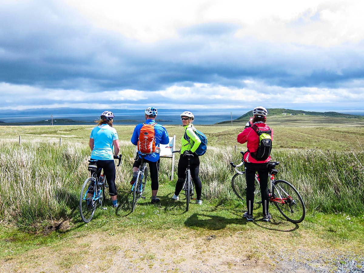 Bikers posing on Arran Islay and Jura Road Biking Tour in Scotland