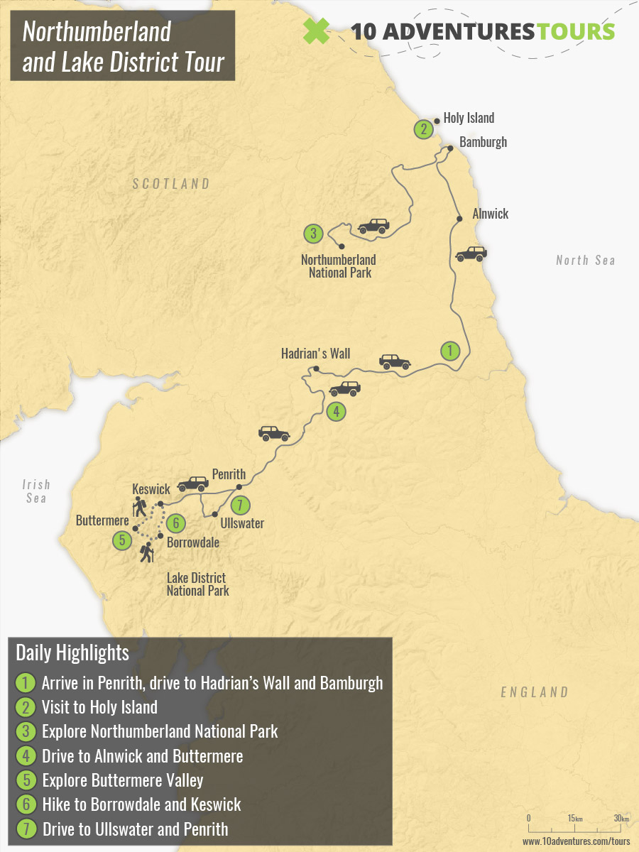 Map of Northumberland and Lake District Tour with a guided group in England
