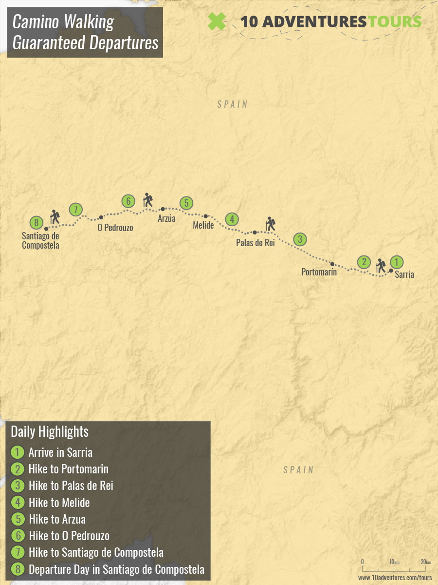 Map of the Guided Camino Frances in 7 Days Tour in Spain