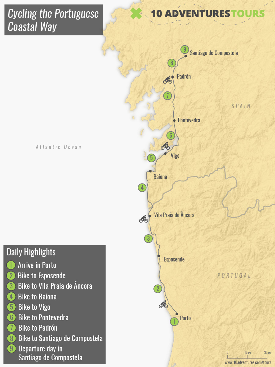 Map of self-guided Cycling the Portuguese Camino Coastal Route