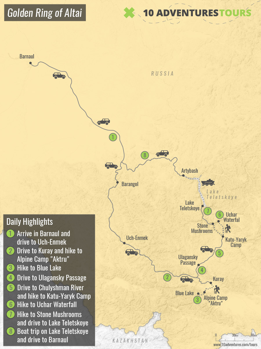 Map of Golden Ring of Altai Hiking tour in Russia