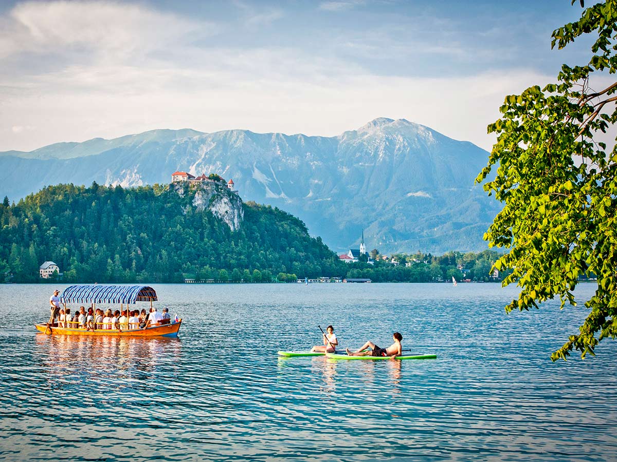 Water activities in Lake Bled Slovenian Alps