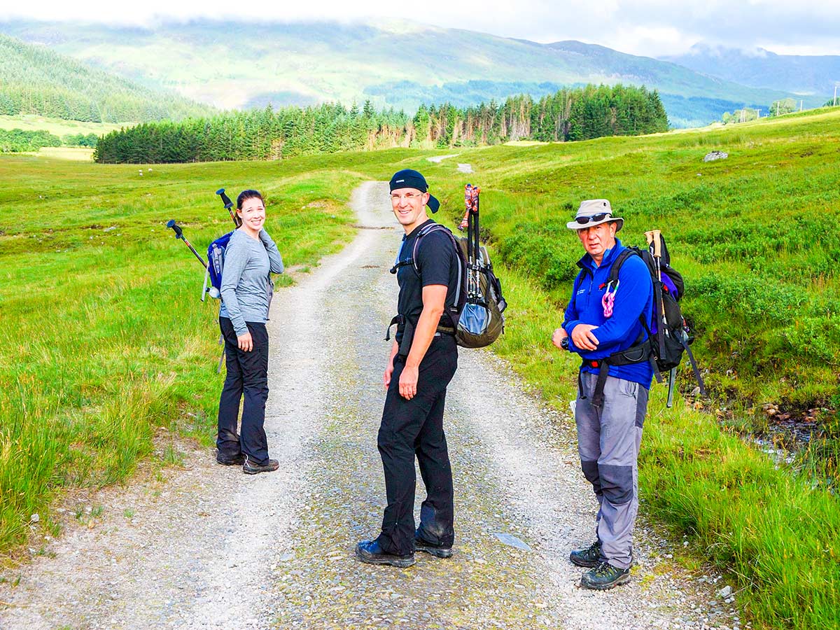 Three hikers on West Highland Way walking tour