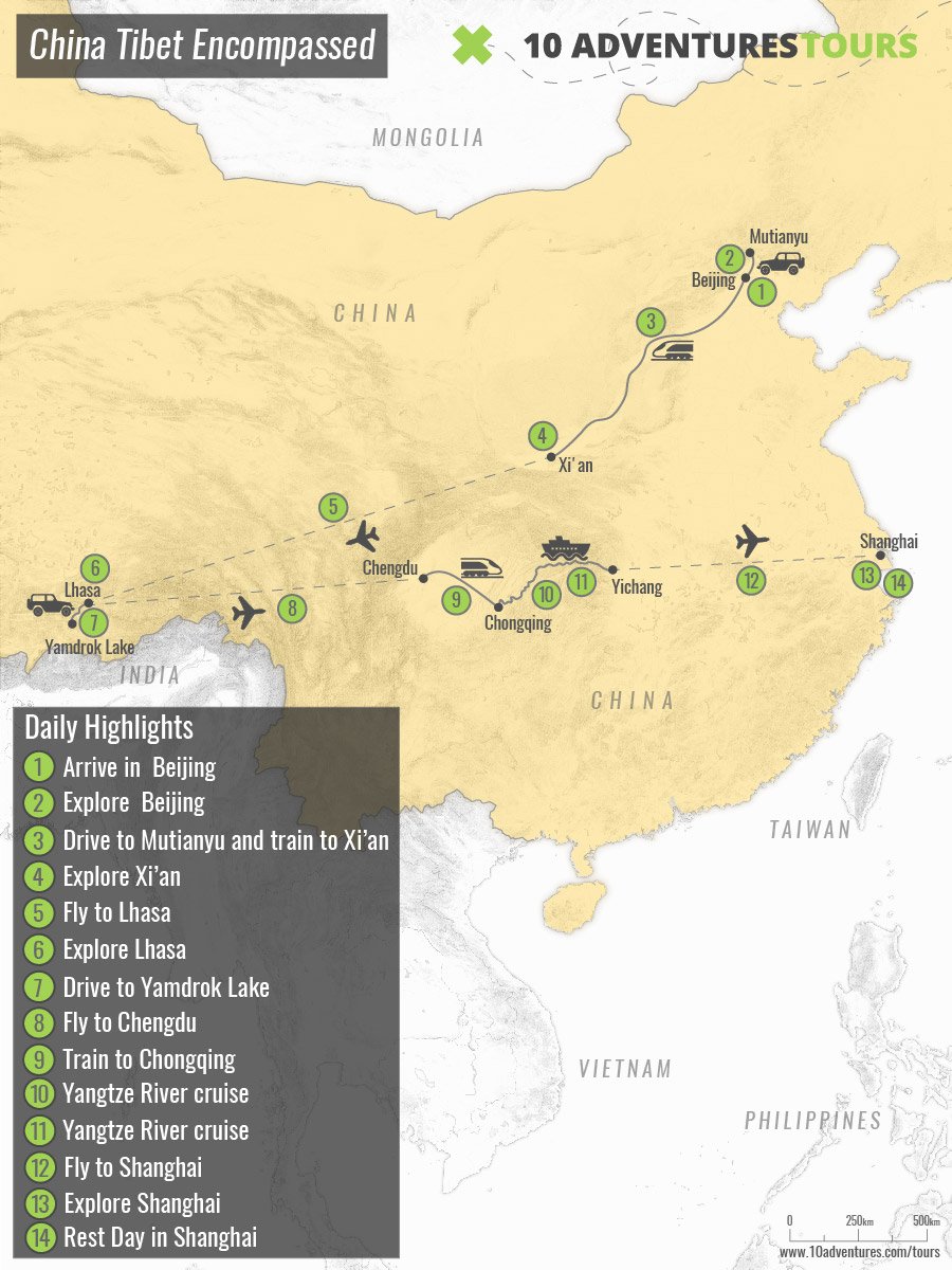 Map of guided China & Tibet Highlights Tour
