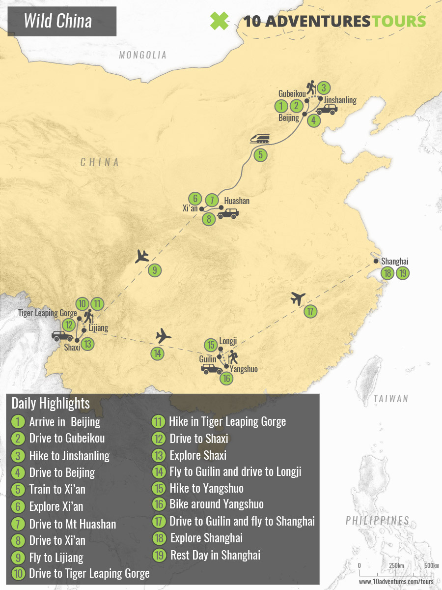 Map of guided China Adventure Tour