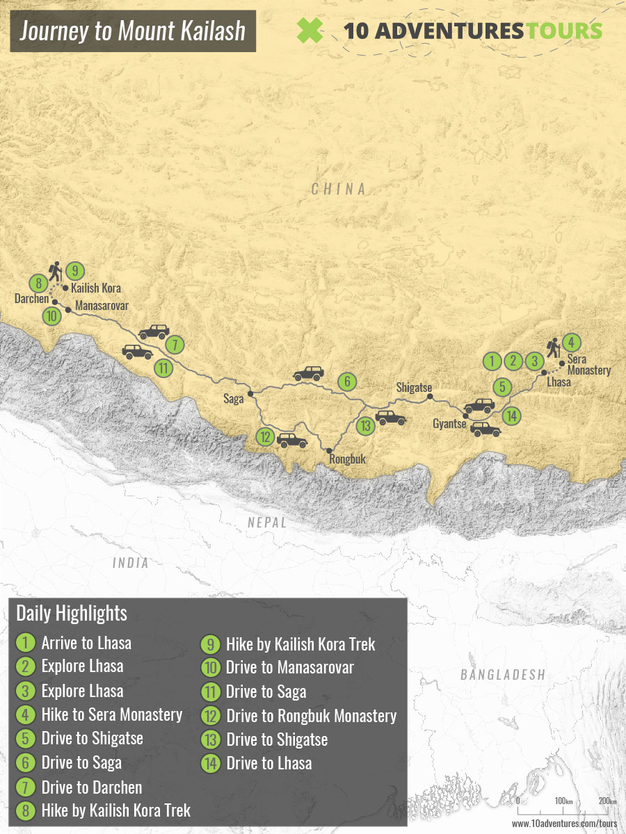 Map of guided Trekking to Mount Kailash Tour in Tibet