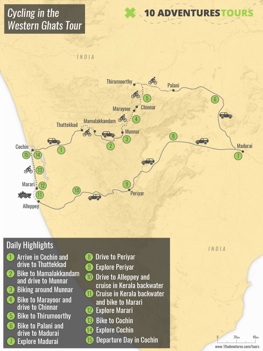 Map of guided Cycling in the Western Ghats Tour in India
