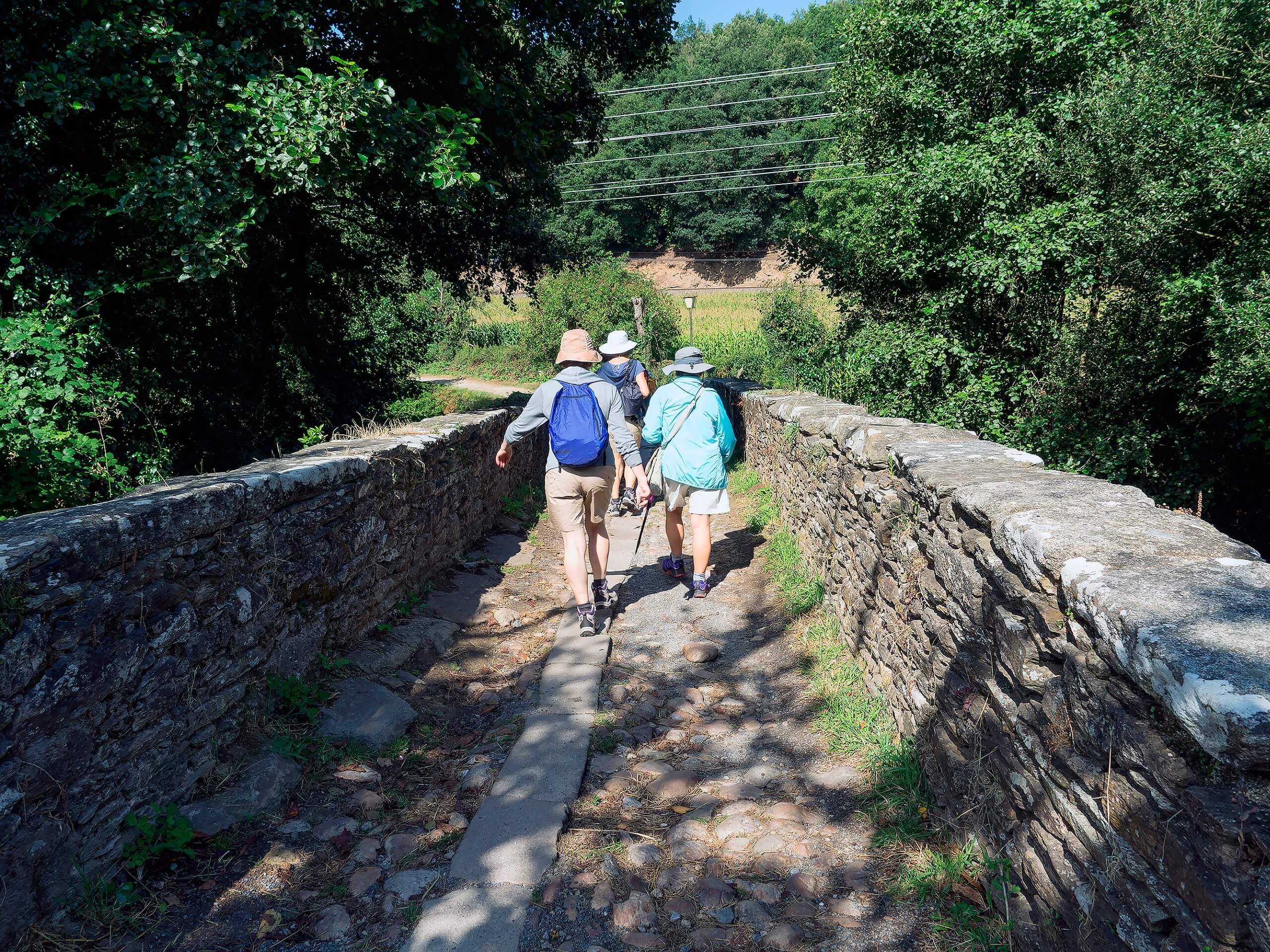 Group of people crossing the bridge on Camino Frances route