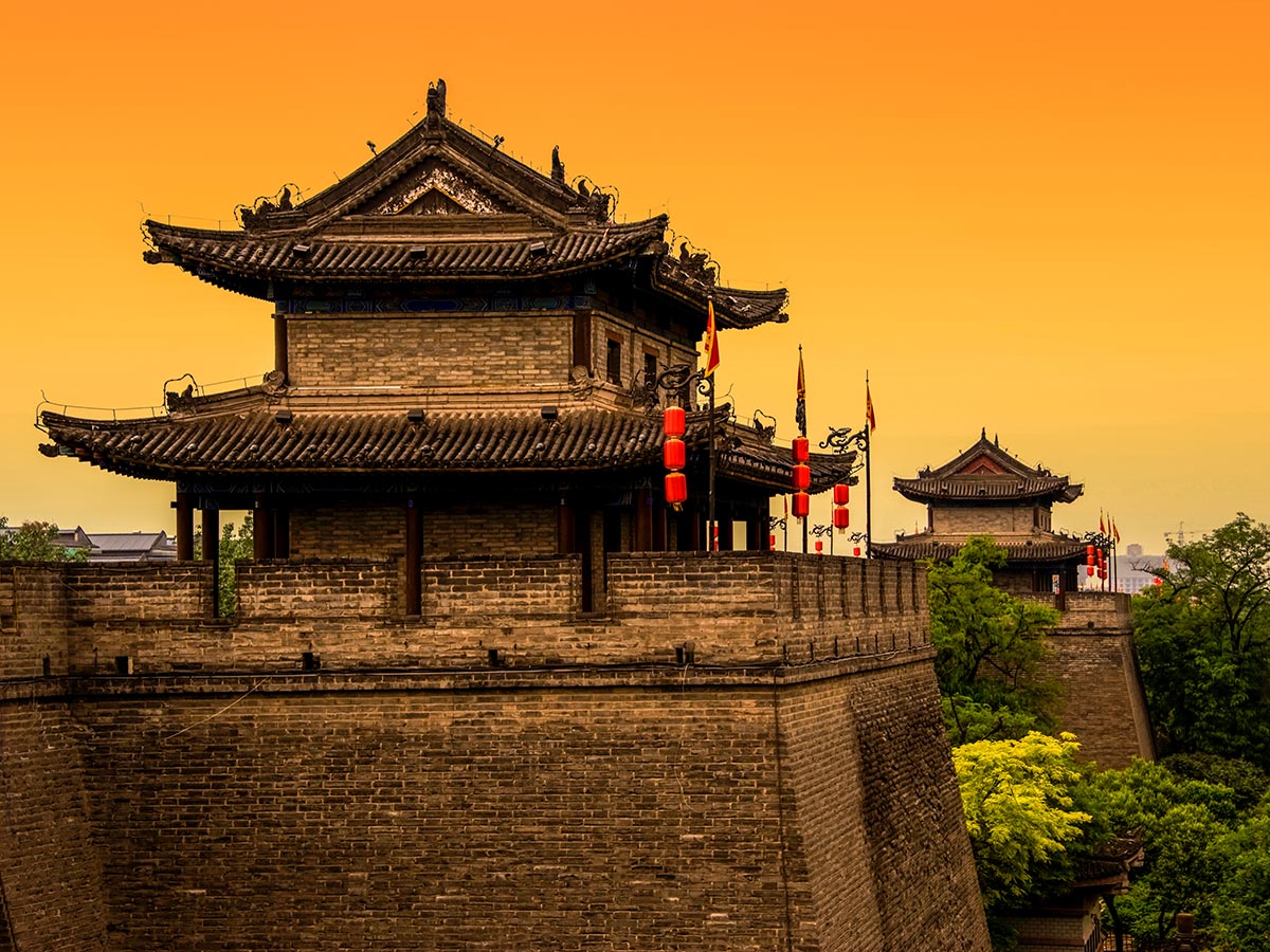 Sunset above the temple in Xi'an as seen on China by Bike and Backroads to Guilin