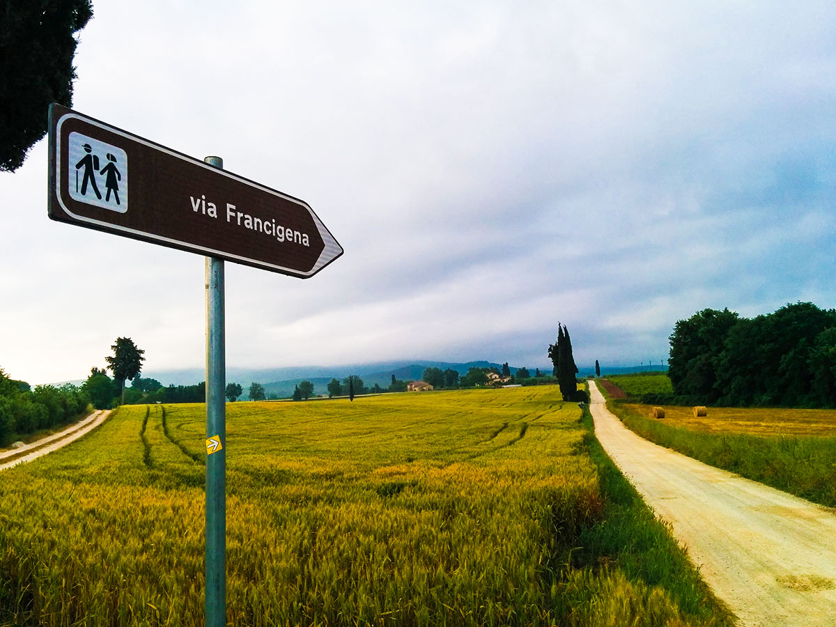 Via Francigena road signage along the trail in Lazio