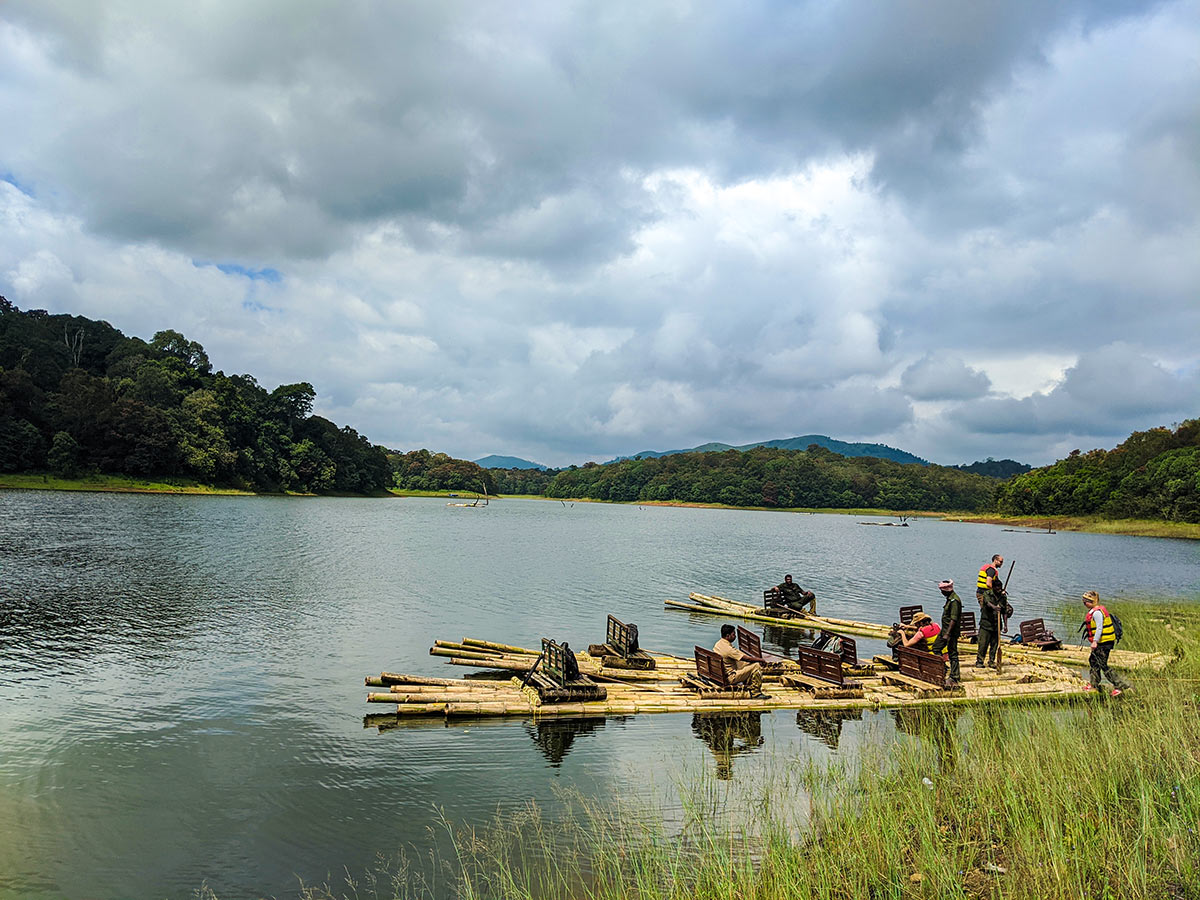 Boarding the bamboo rafting boat on Western Ghats trekking tour