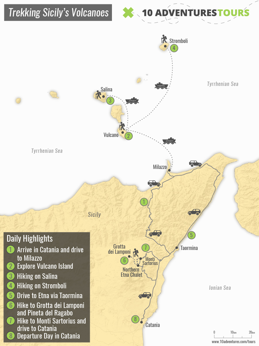 Map of guided trekking in Sicily tour with visiting numerous Volcanoes