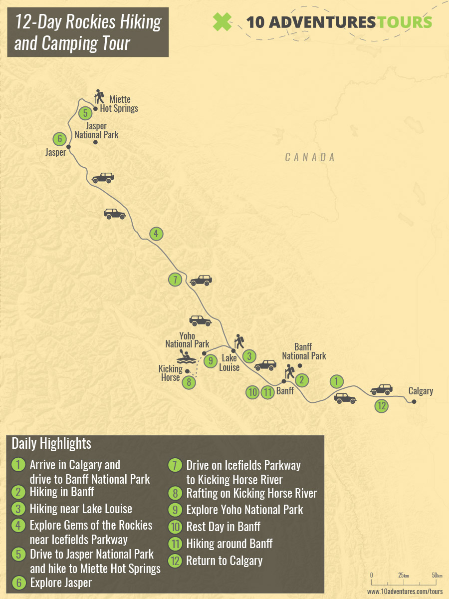 Map of 12-Day Rockies Hiking and Camping Tour with a guide