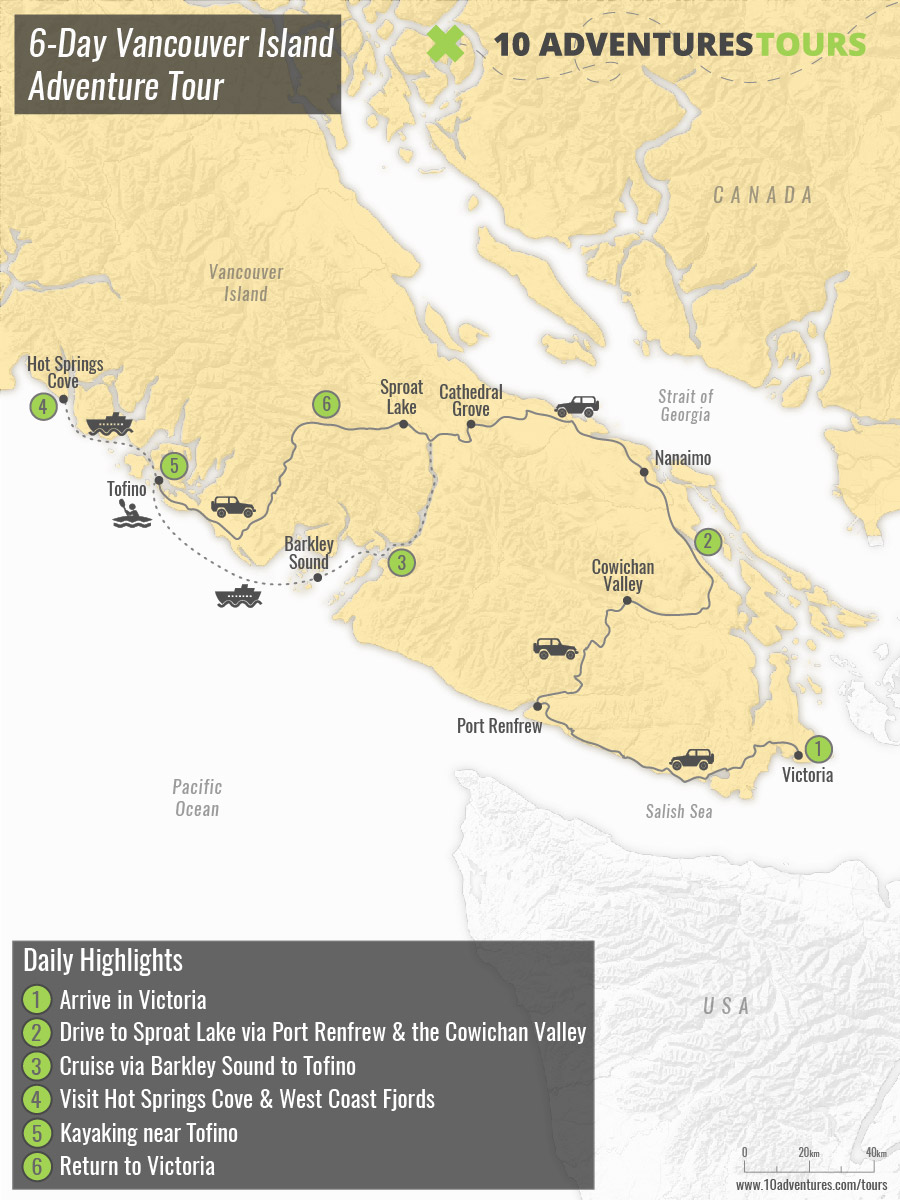 Map of 6-day Vancouver Island Adventure Tour with a guided group