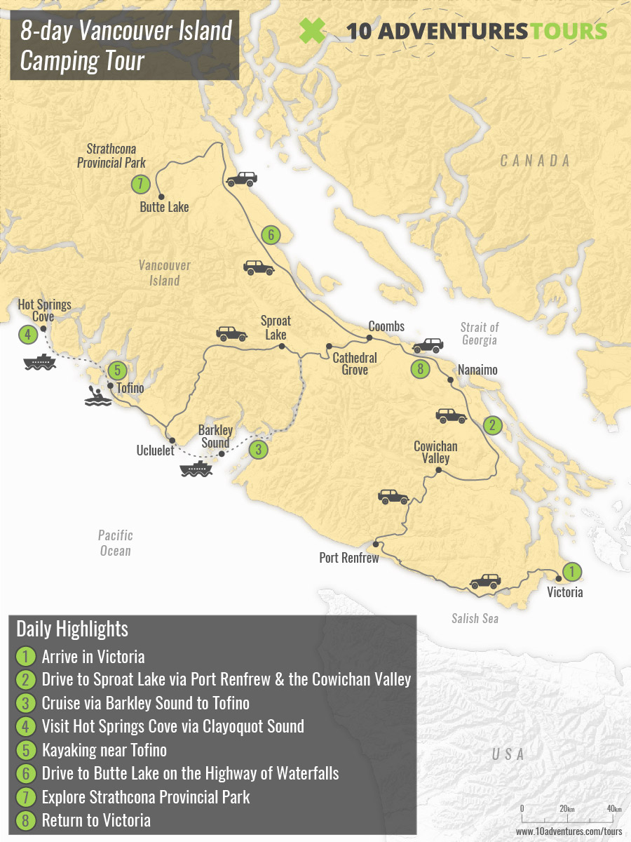 Map of 8-day Vancouver Island Camping Tour in British Columbia, Canada