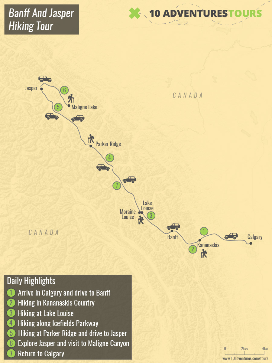 Map of Banff And Jasper Hiking Tour in Alberta, Canada