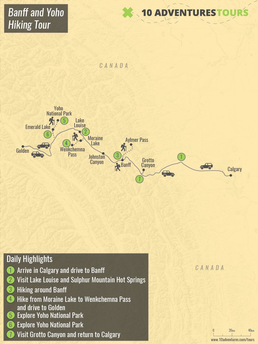 Map of Banff and Yoho Hiking Tour in Alberta and British Columbia, Canada